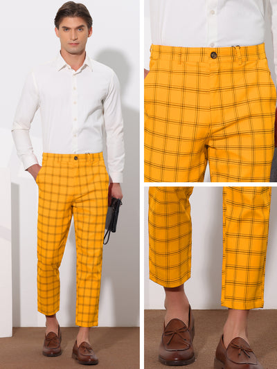 Plaid Dress Pants for Men's Flat Front Tapered Cropped Checked Trousers