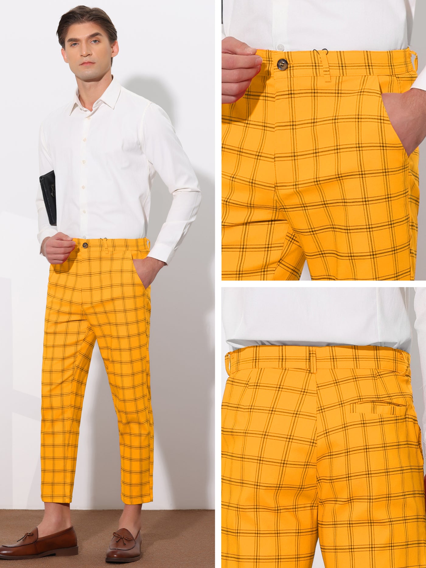 Bublédon Plaid Dress Pants for Men's Flat Front Tapered Cropped Checked Trousers