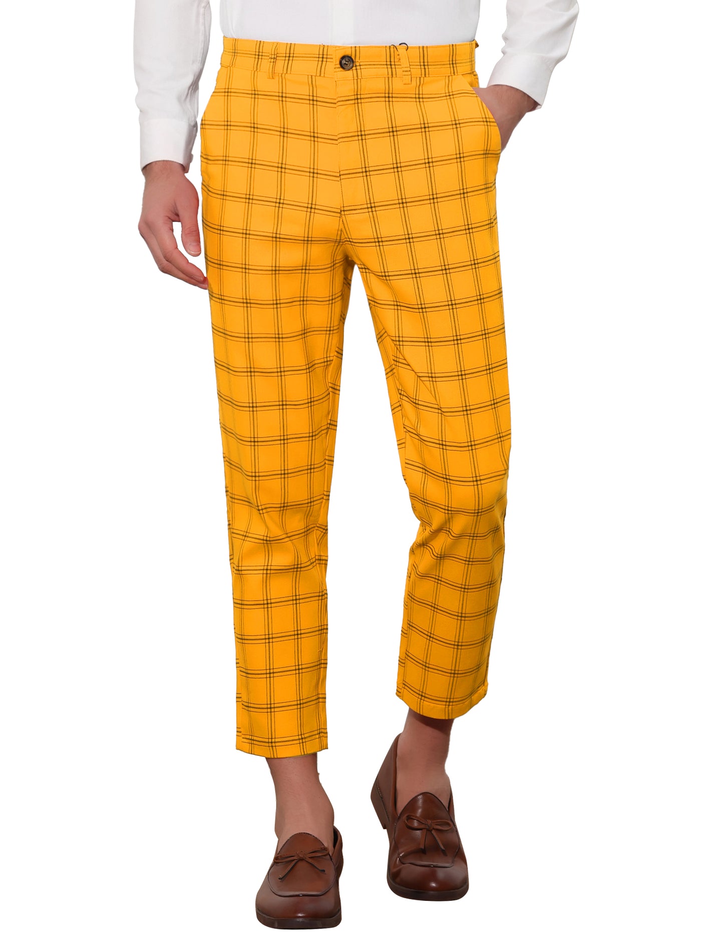 Bublédon Plaid Dress Pants for Men's Flat Front Tapered Cropped Checked Trousers