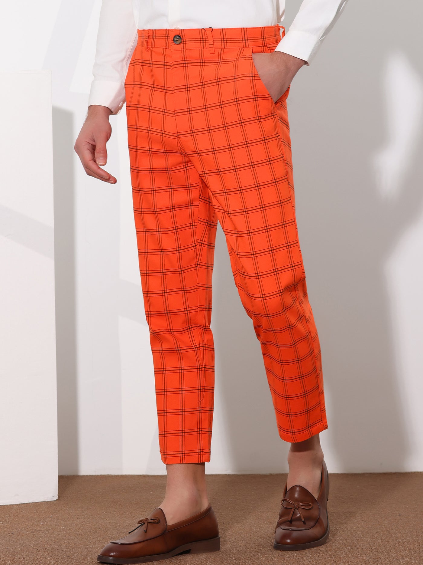 Bublédon Plaid Dress Pants for Men's Flat Front Tapered Cropped Checked Trousers