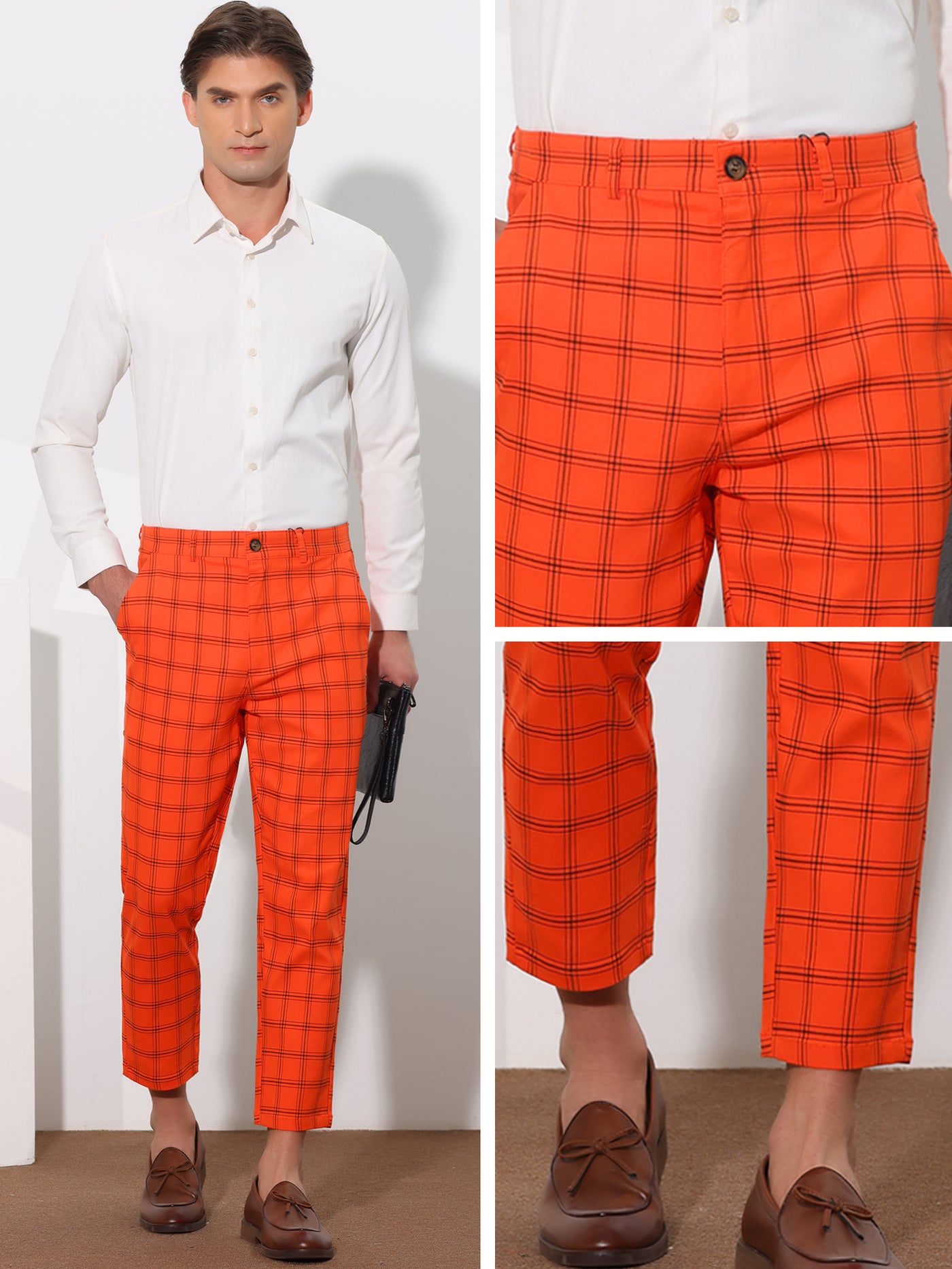 Bublédon Plaid Dress Pants for Men's Flat Front Tapered Cropped Checked Trousers