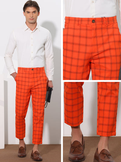 Plaid Dress Pants for Men's Flat Front Tapered Cropped Checked Trousers