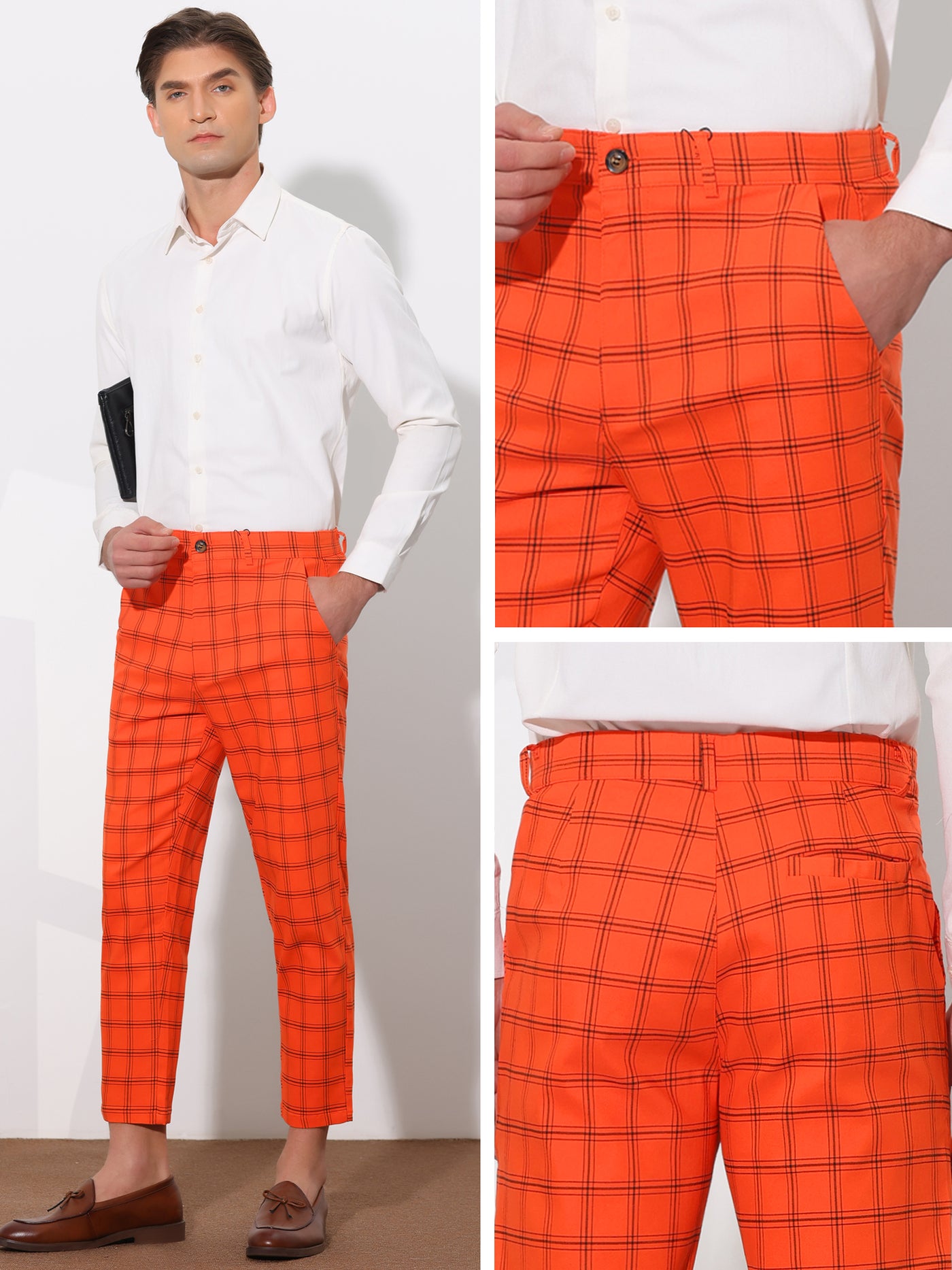 Bublédon Plaid Dress Pants for Men's Flat Front Tapered Cropped Checked Trousers