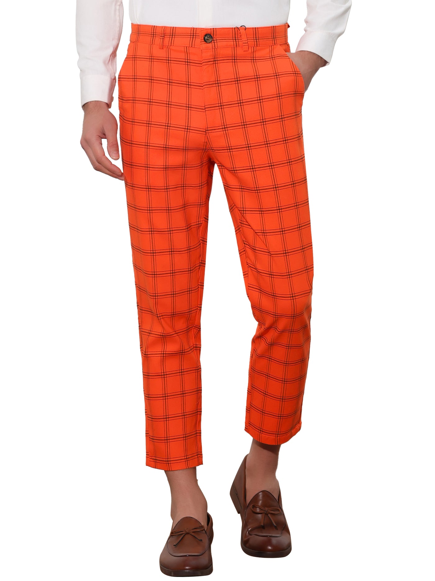 Bublédon Plaid Dress Pants for Men's Flat Front Tapered Cropped Checked Trousers