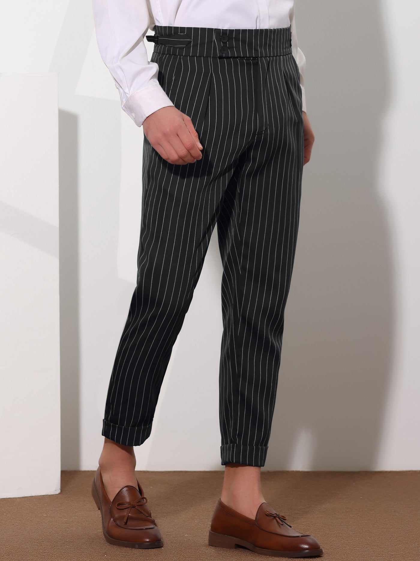 Bublédon Striped Dress Pants for Men's Pleated Front Business Tapered Cropped Trousers