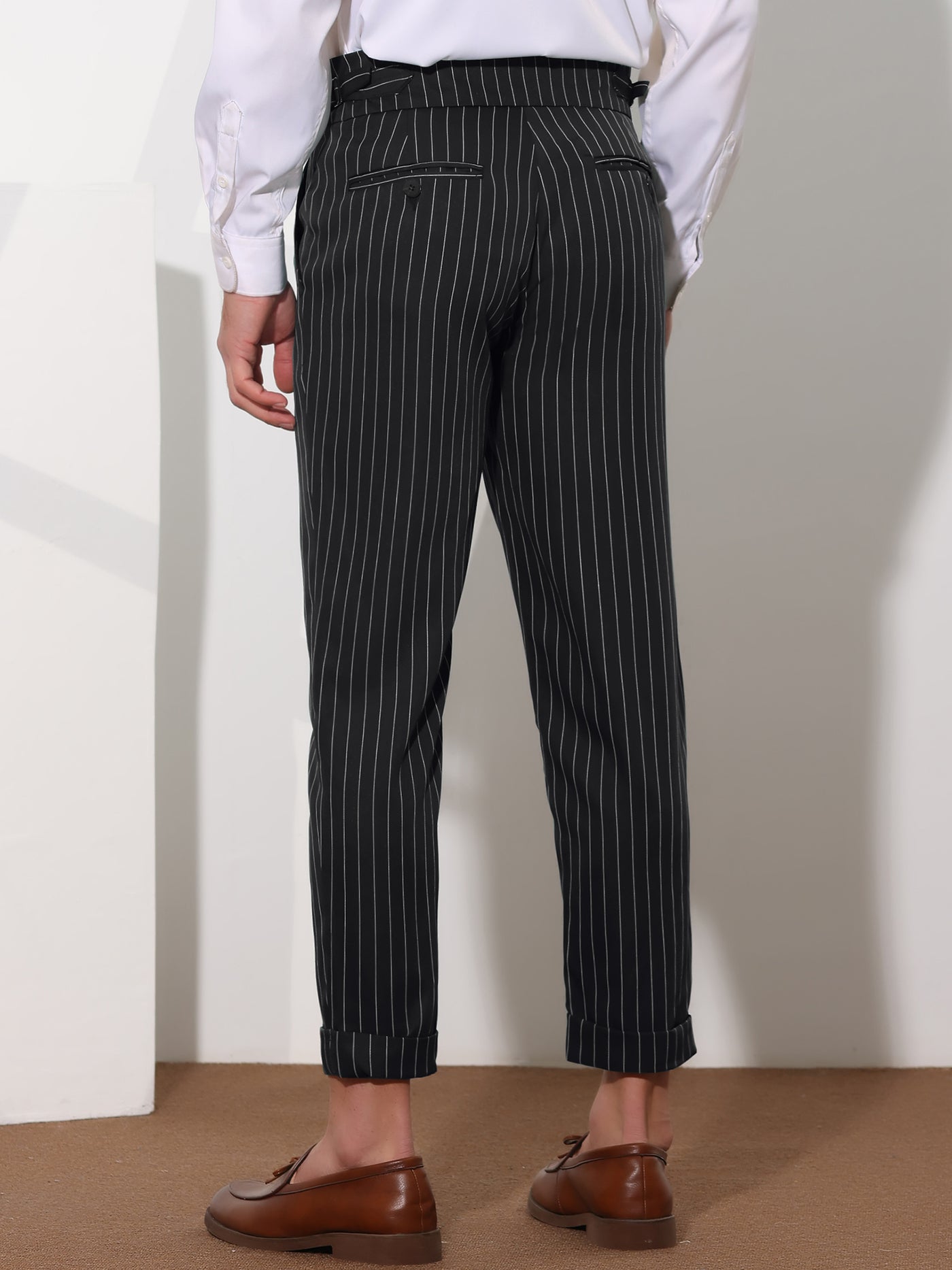 Bublédon Striped Dress Pants for Men's Pleated Front Business Tapered Cropped Trousers