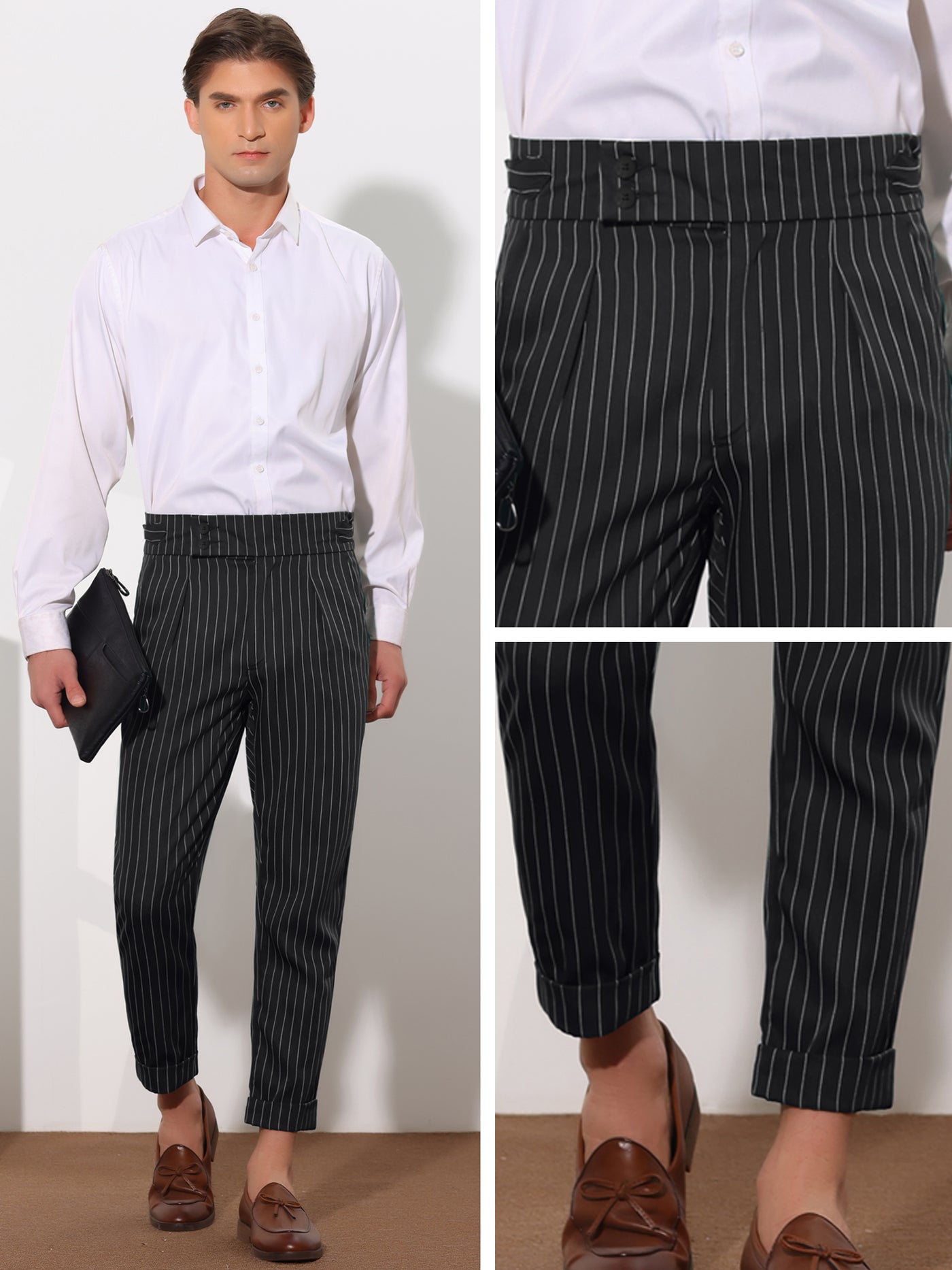 Bublédon Striped Dress Pants for Men's Pleated Front Business Tapered Cropped Trousers