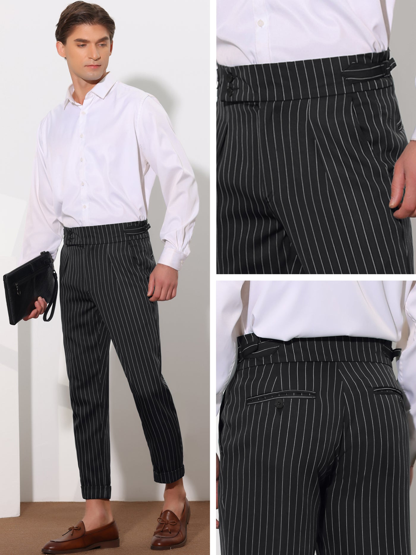 Bublédon Striped Dress Pants for Men's Pleated Front Business Tapered Cropped Trousers