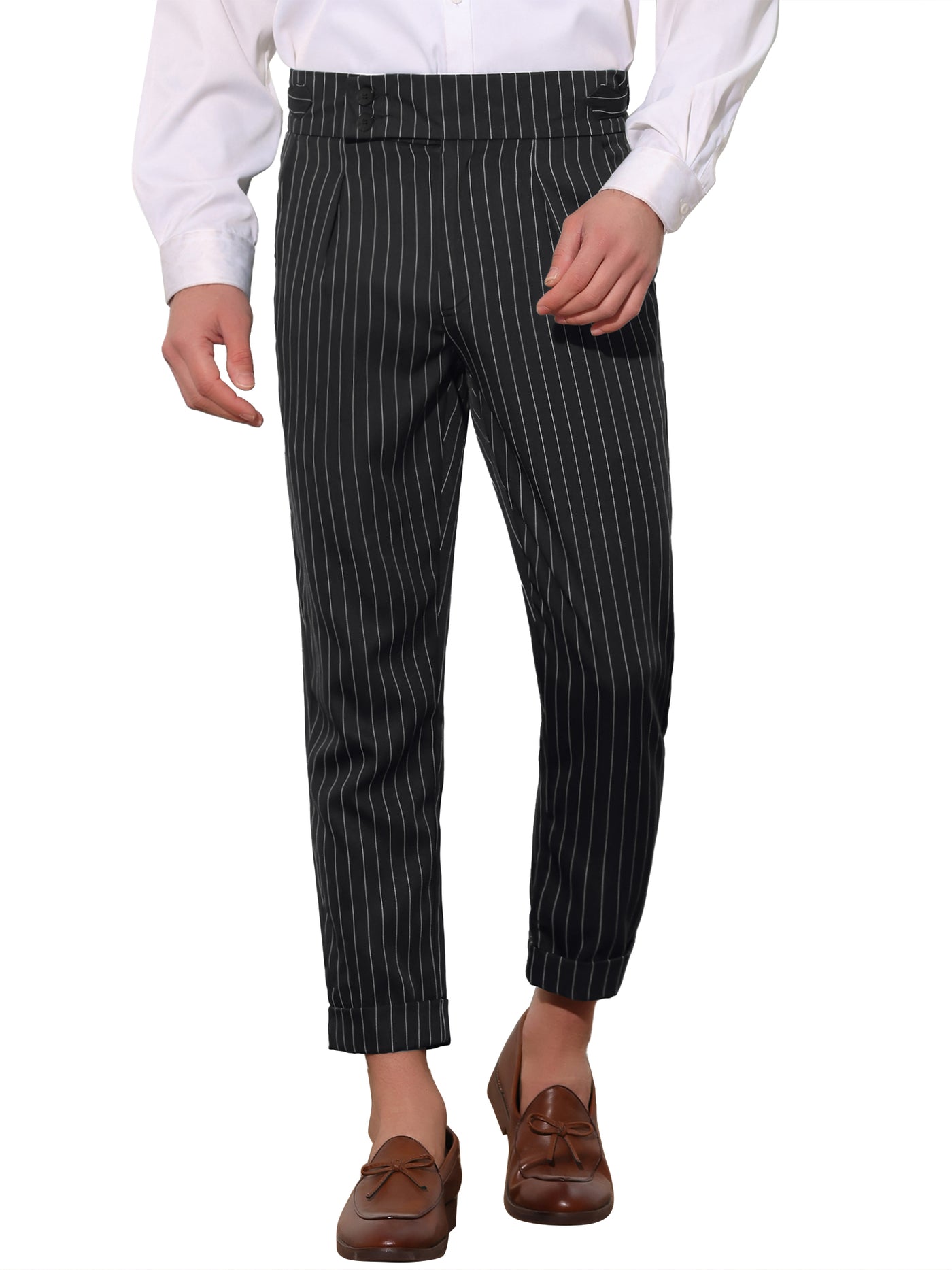 Bublédon Striped Dress Pants for Men's Pleated Front Business Tapered Cropped Trousers