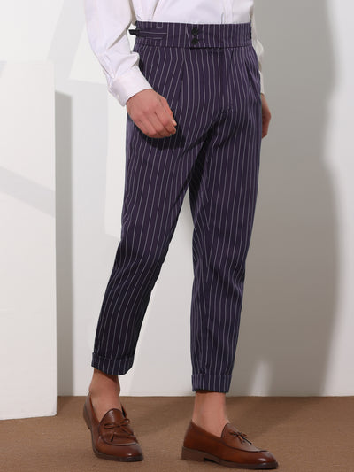 Striped Dress Pants for Men's Pleated Front Business Tapered Cropped Trousers