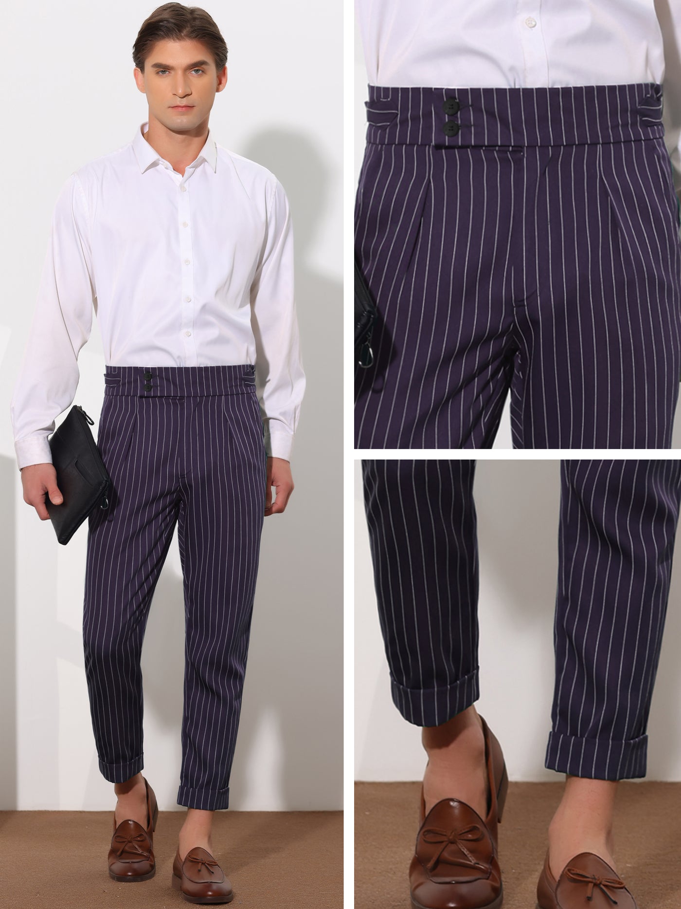 Bublédon Striped Dress Pants for Men's Pleated Front Business Tapered Cropped Trousers