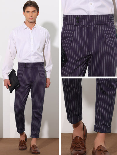 Striped Dress Pants for Men's Pleated Front Business Tapered Cropped Trousers