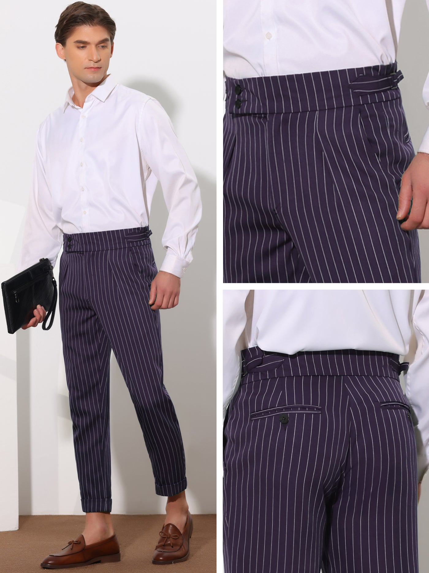 Bublédon Striped Dress Pants for Men's Pleated Front Business Tapered Cropped Trousers