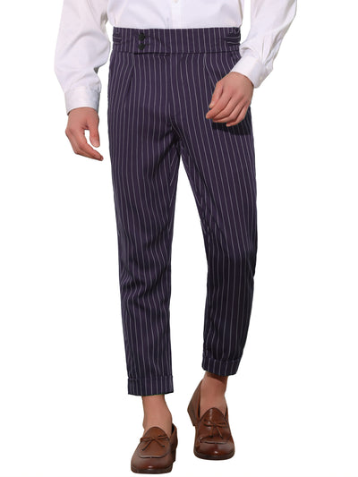 Striped Dress Pants for Men's Pleated Front Business Tapered Cropped Trousers