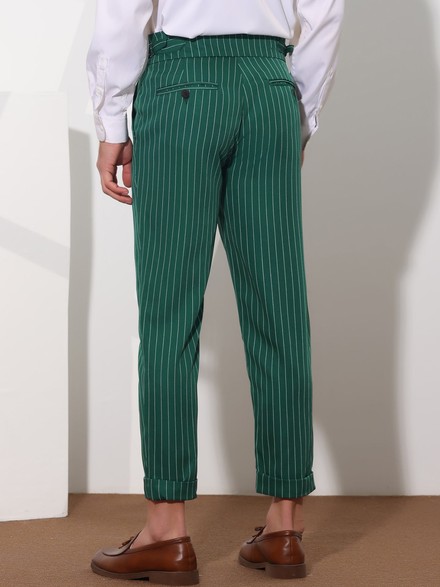 Bublédon Striped Dress Pants for Men's Pleated Front Business Tapered Cropped Trousers