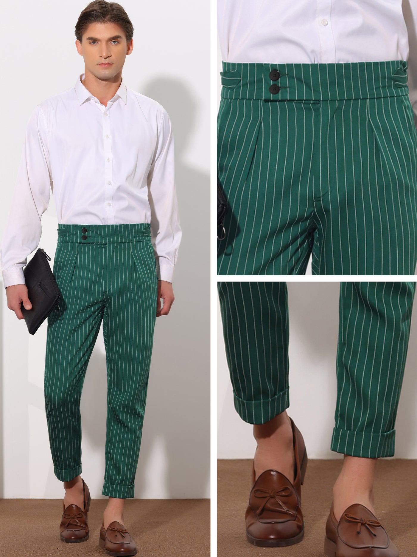 Bublédon Striped Dress Pants for Men's Pleated Front Business Tapered Cropped Trousers