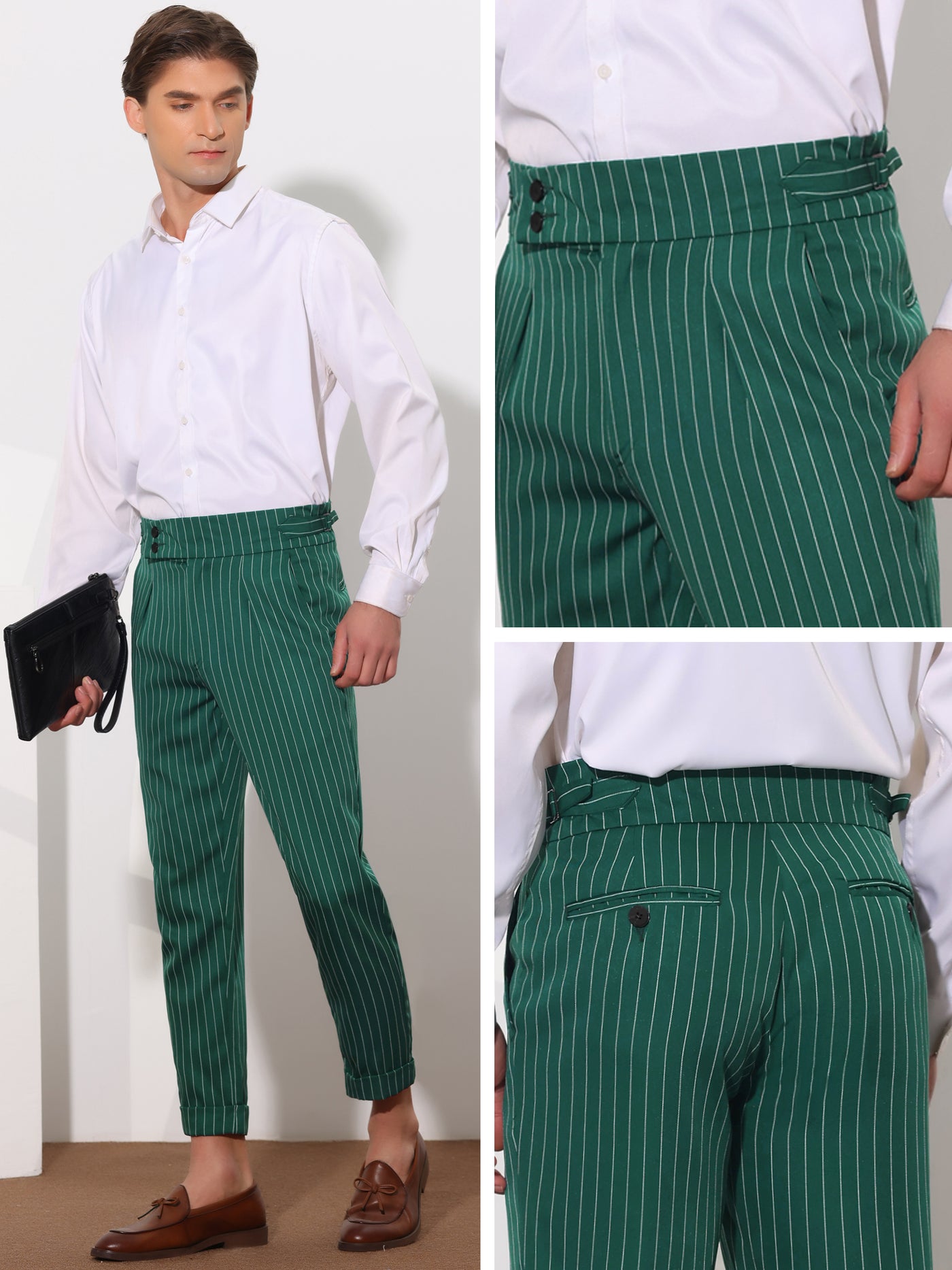 Bublédon Striped Dress Pants for Men's Pleated Front Business Tapered Cropped Trousers