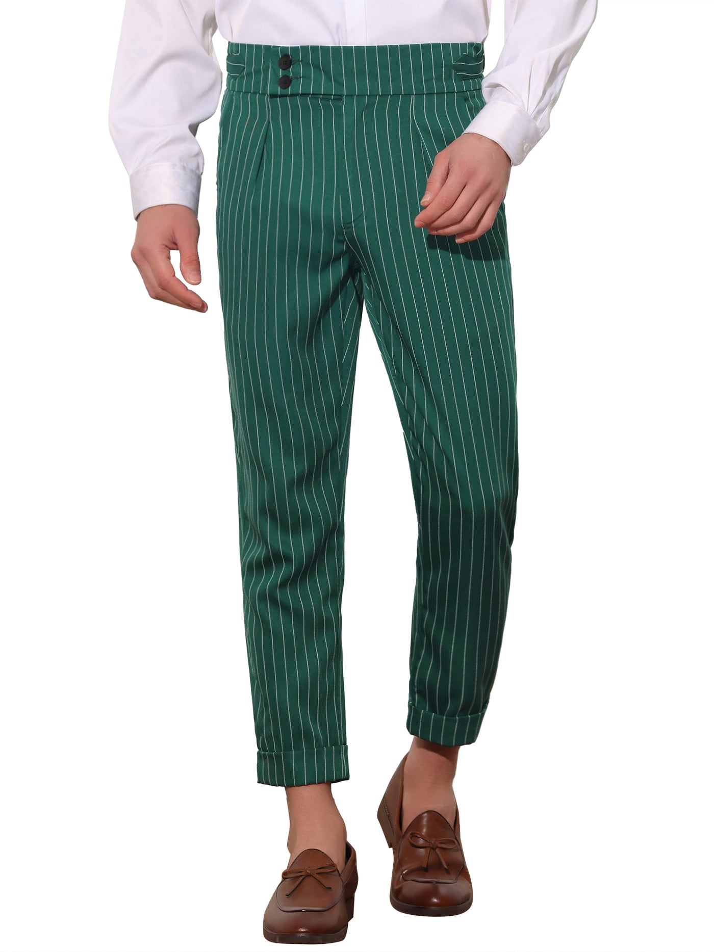 Bublédon Striped Dress Pants for Men's Pleated Front Business Tapered Cropped Trousers