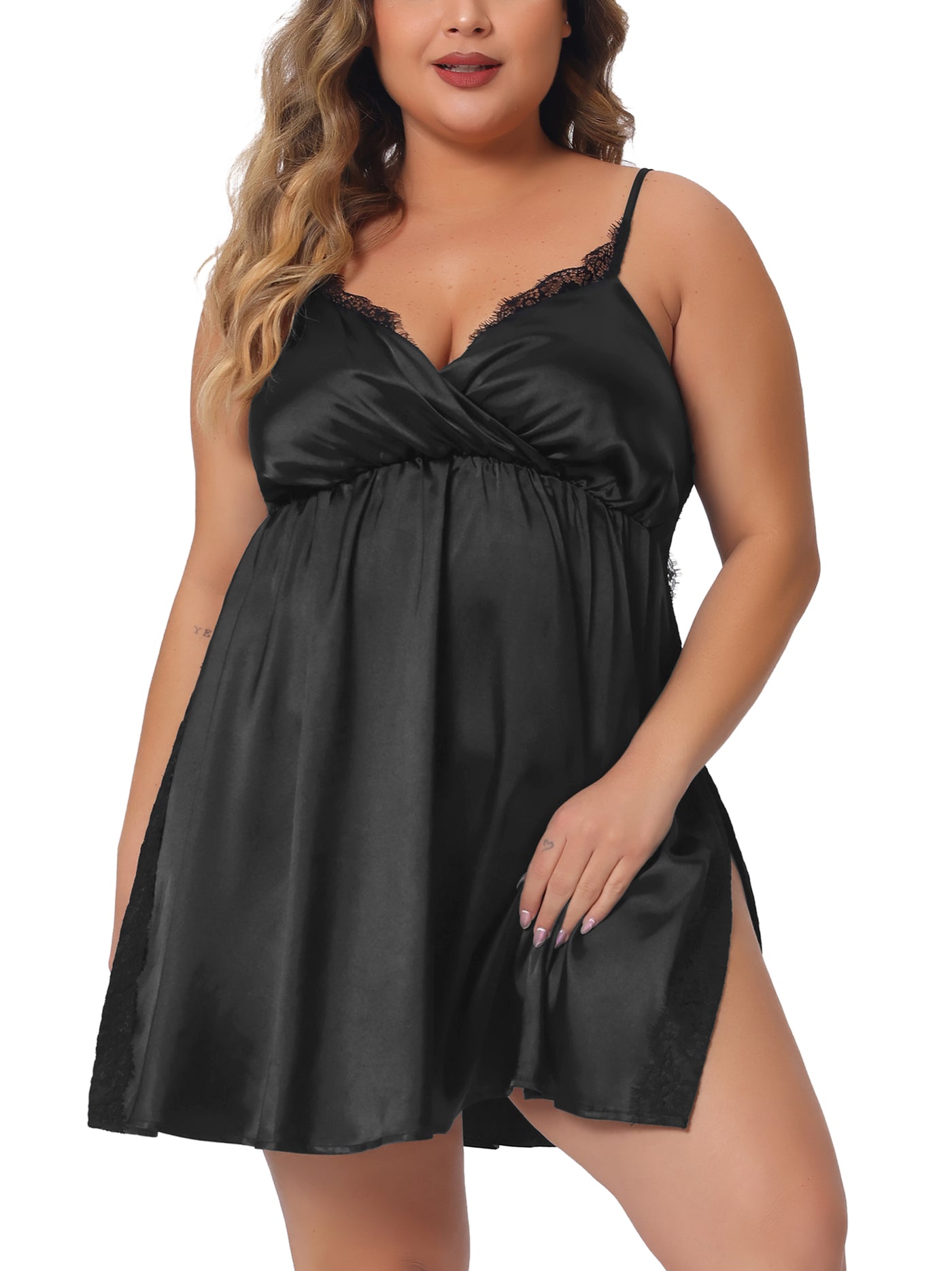 Bublédon Plus Size Sleep Dress for Women Camisole Side Slit Lace Trim V Neck Satin Lingerie Night Gowns