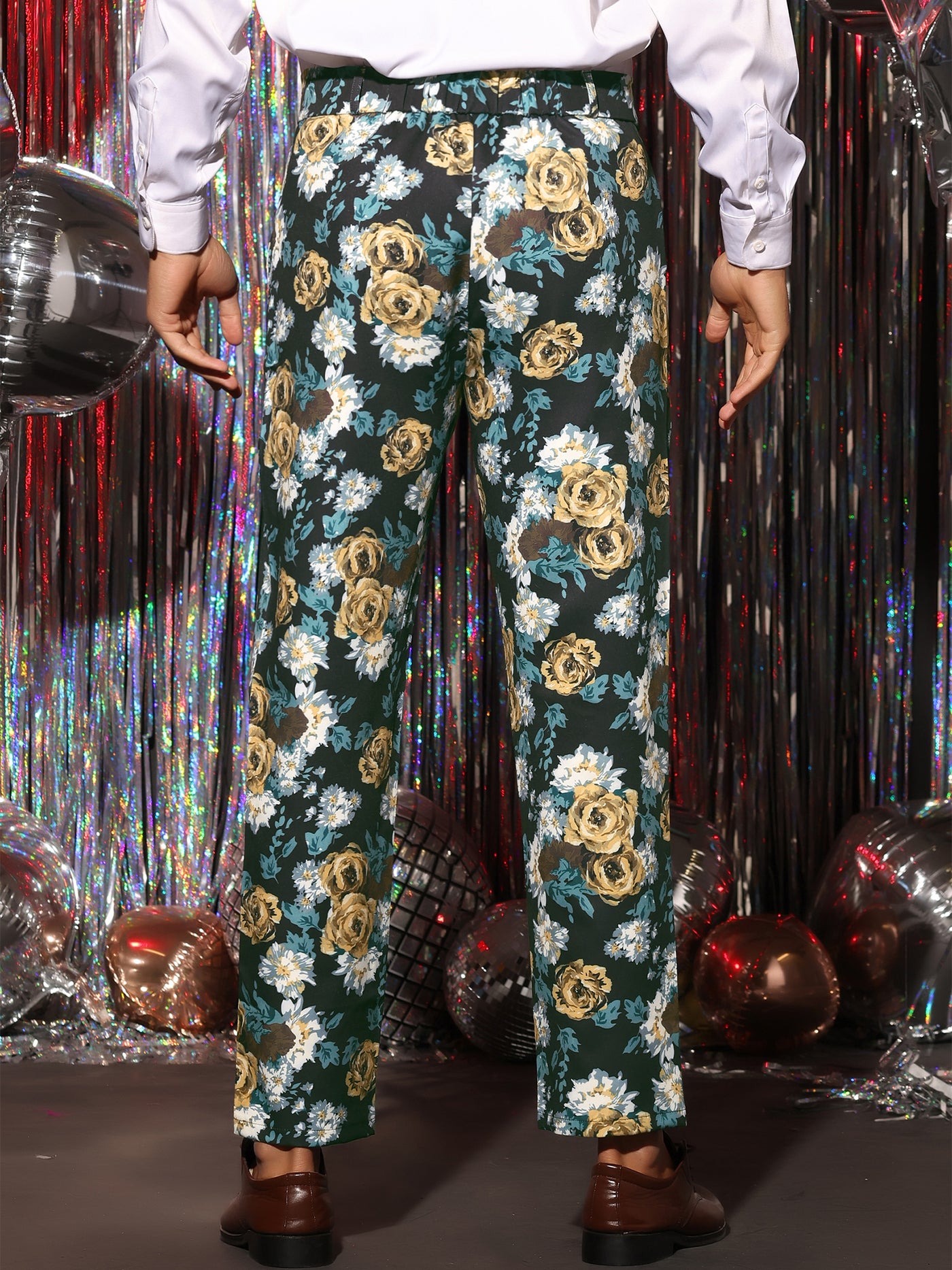 Bublédon Floral Dress Pants for Men's Flat Front Party Prom Flower Printed Slacks