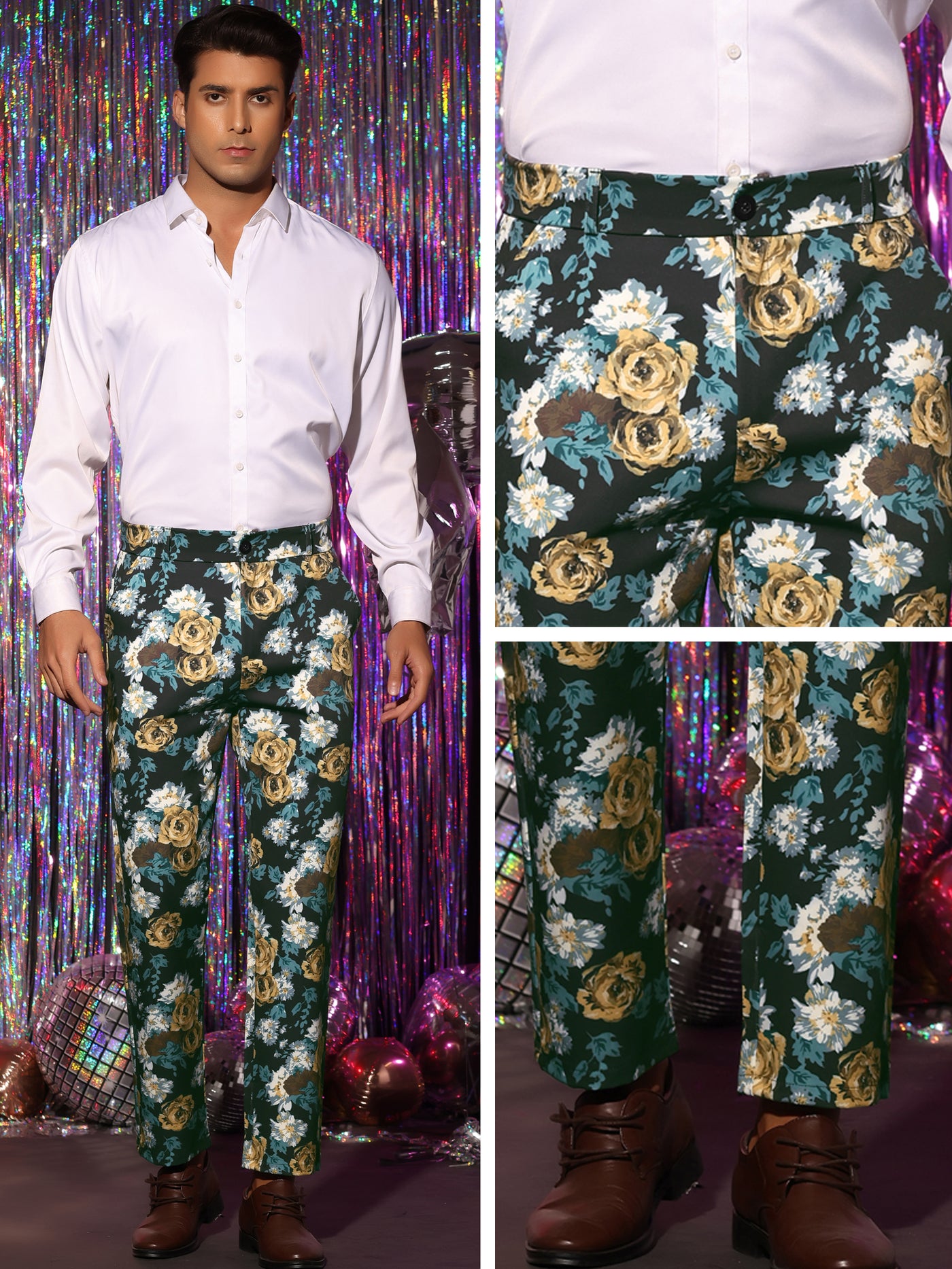 Bublédon Floral Dress Pants for Men's Flat Front Party Prom Flower Printed Slacks