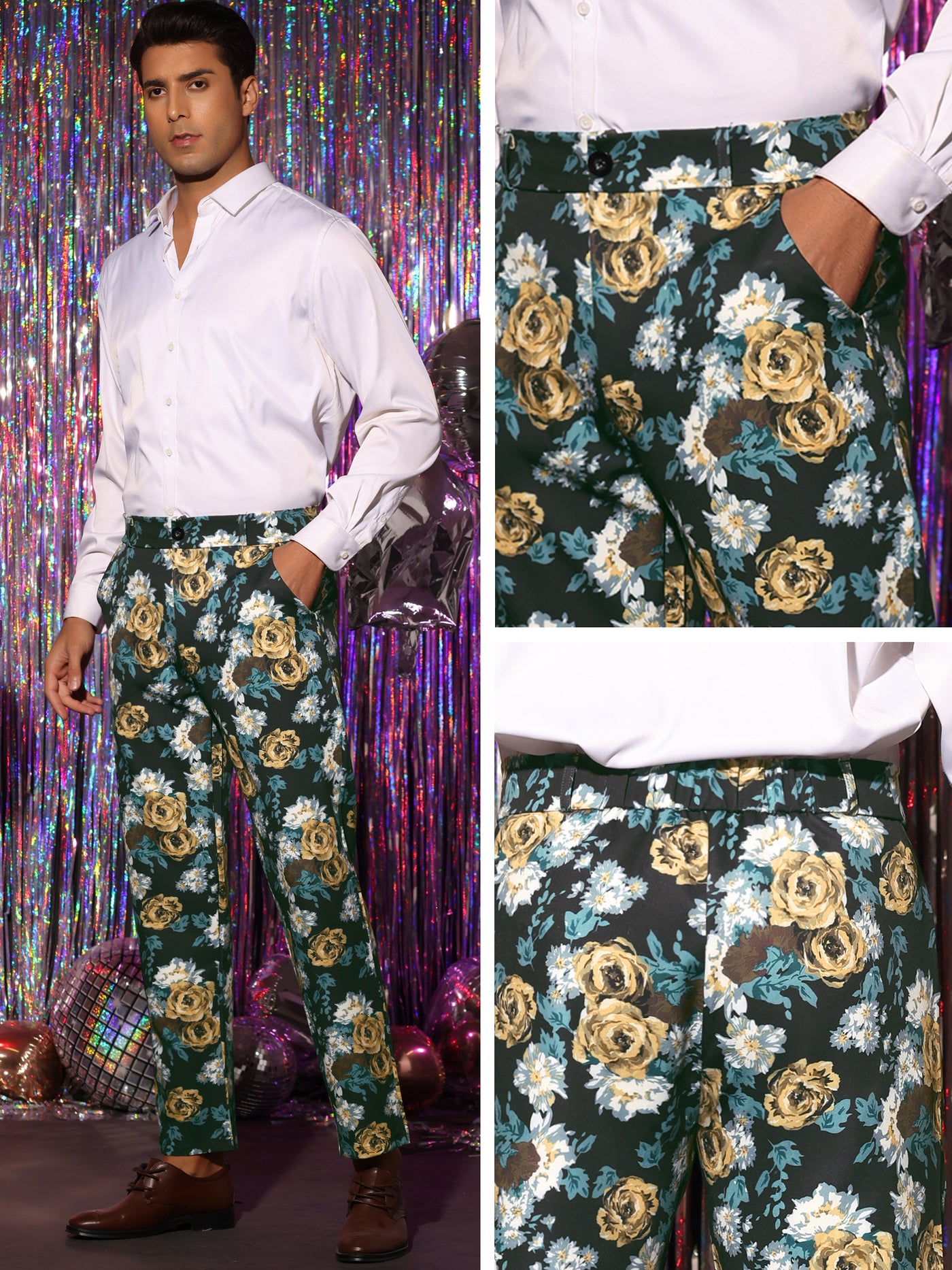 Bublédon Floral Dress Pants for Men's Flat Front Party Prom Flower Printed Slacks