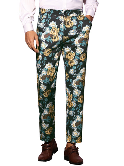 Bublédon Floral Dress Pants for Men's Flat Front Party Prom Flower Printed Slacks