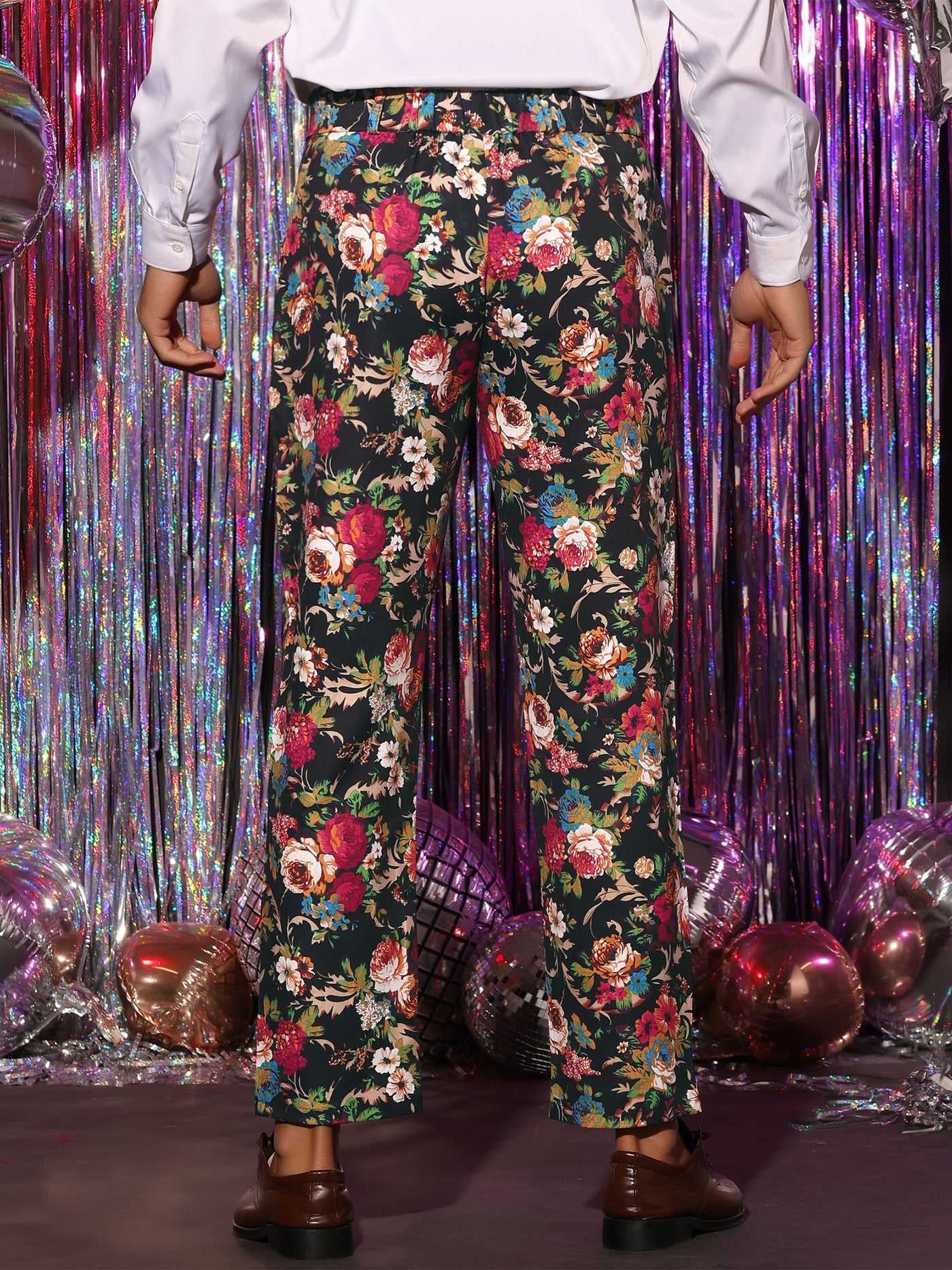 Bublédon Floral Dress Pants for Men's Flat Front Party Prom Flower Printed Slacks