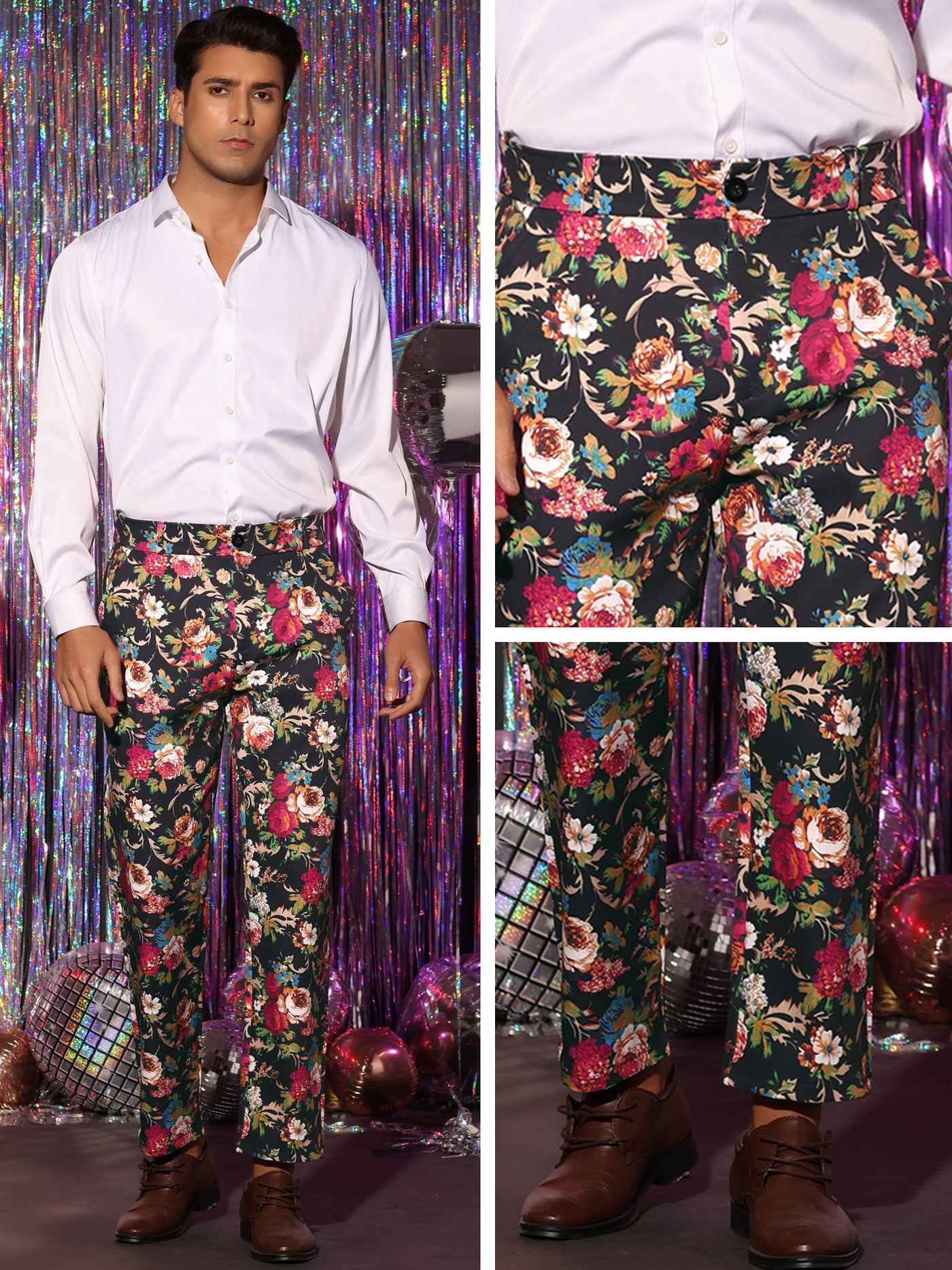 Bublédon Floral Dress Pants for Men's Flat Front Party Prom Flower Printed Slacks