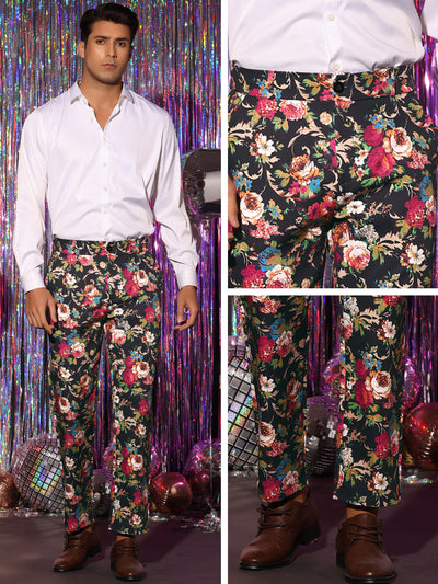 Floral Dress Pants for Men's Flat Front Party Prom Flower Printed Slacks