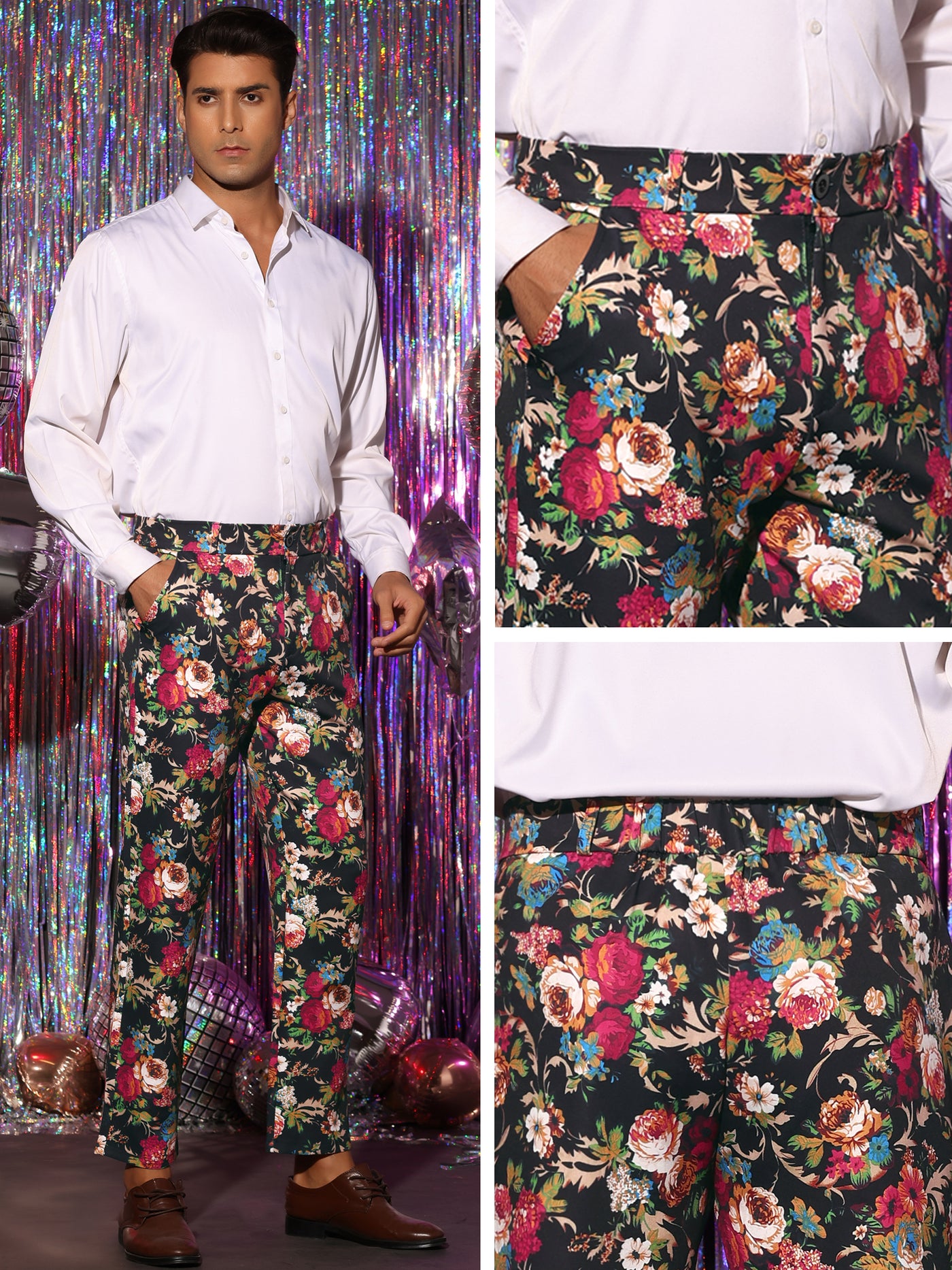 Bublédon Floral Dress Pants for Men's Flat Front Party Prom Flower Printed Slacks