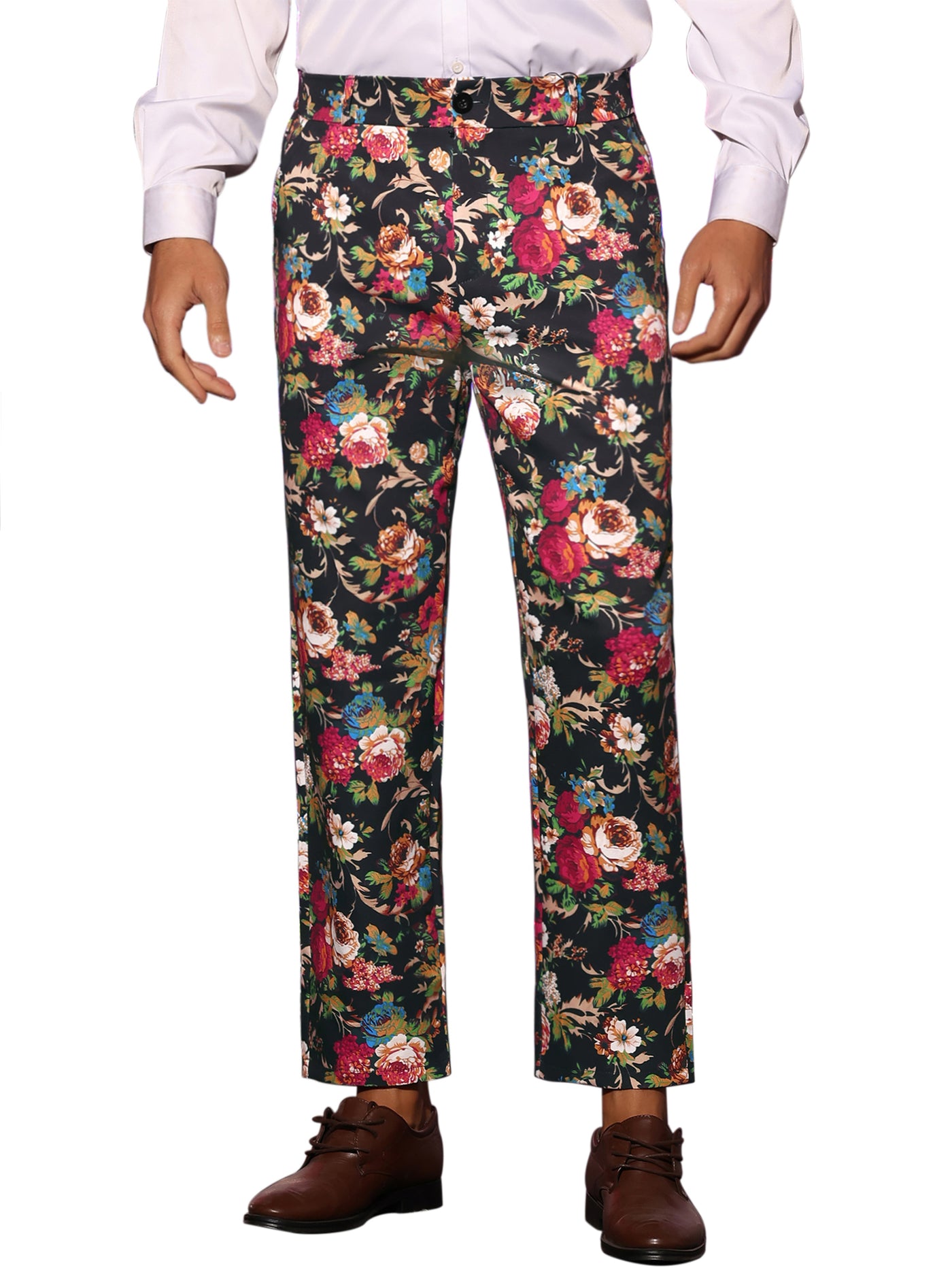 Bublédon Floral Dress Pants for Men's Flat Front Party Prom Flower Printed Slacks