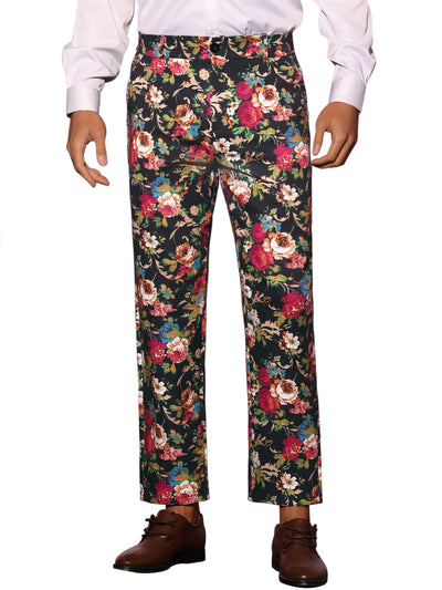 Floral Dress Pants for Men's Flat Front Party Prom Flower Printed Slacks