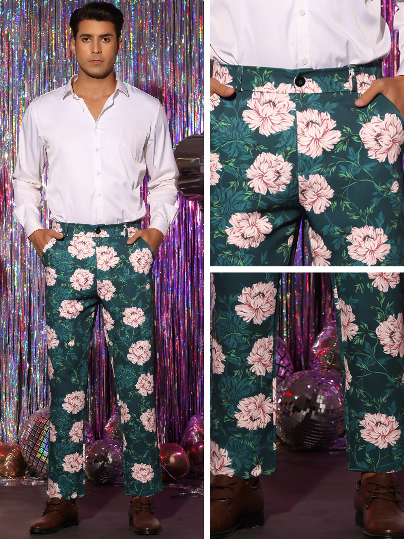 Bublédon Floral Dress Pants for Men's Flat Front Party Prom Flower Printed Slacks