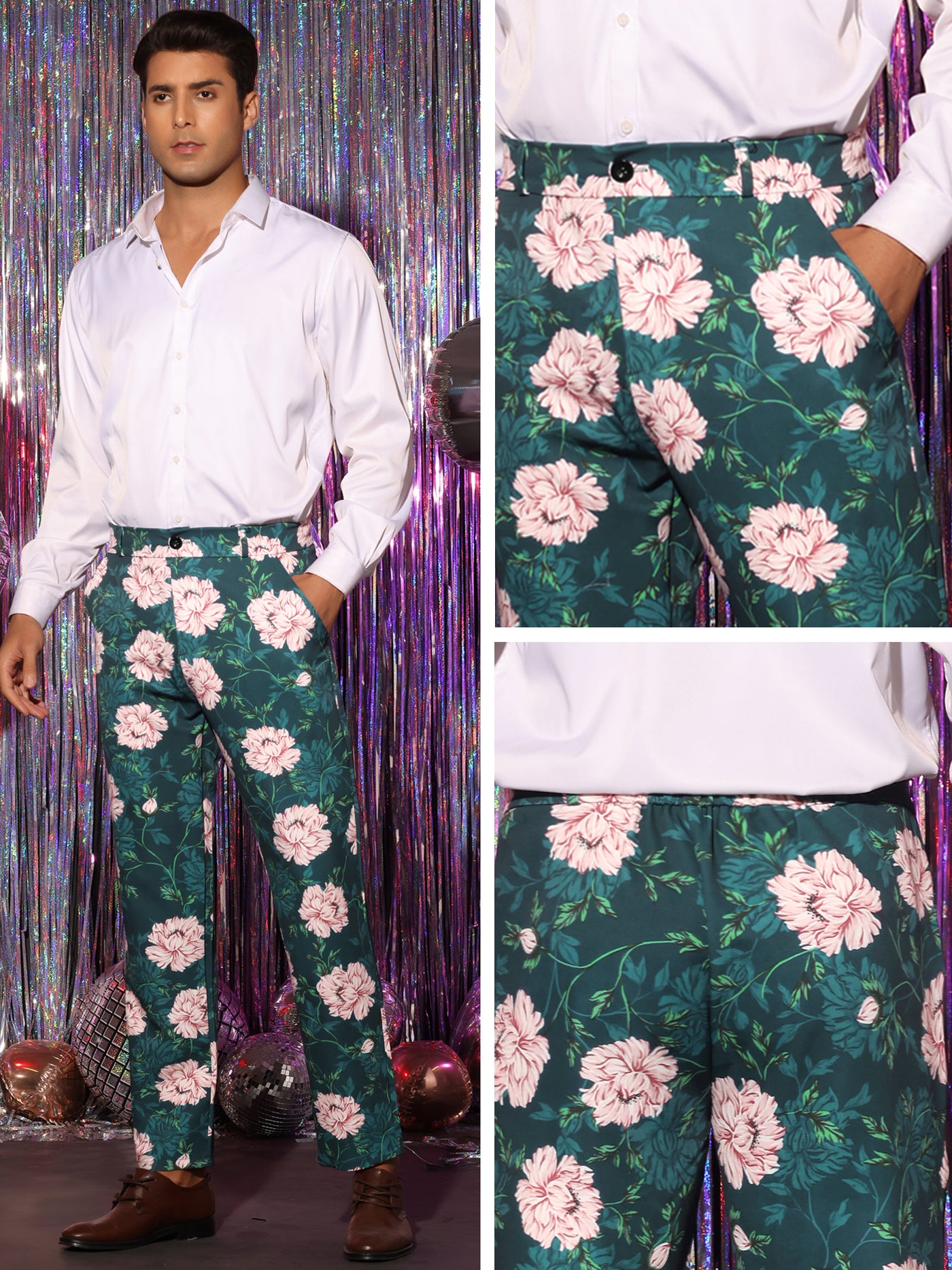 Bublédon Floral Dress Pants for Men's Flat Front Party Prom Flower Printed Slacks