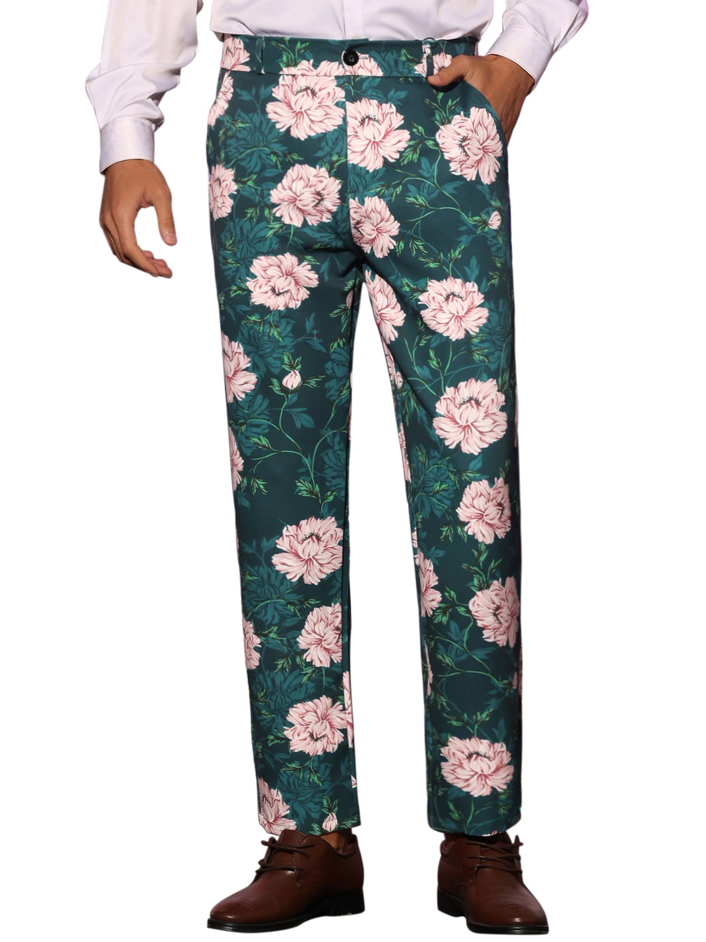 Bublédon Floral Dress Pants for Men's Flat Front Party Prom Flower Printed Slacks