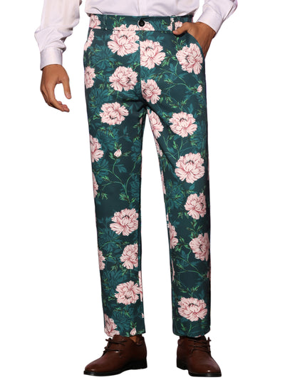 Floral Dress Pants for Men's Flat Front Party Prom Flower Printed Slacks