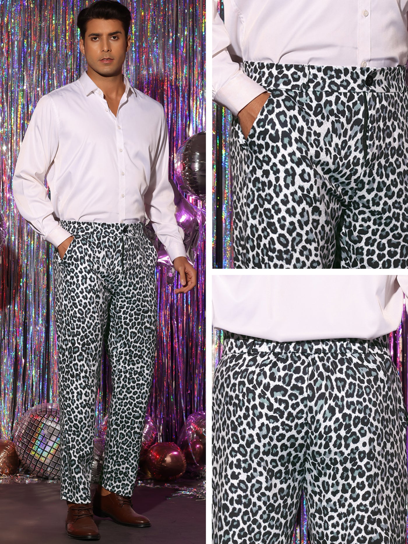 Bublédon Animal Printed Dress Pants Flat Front Regular Fit Party Trousers