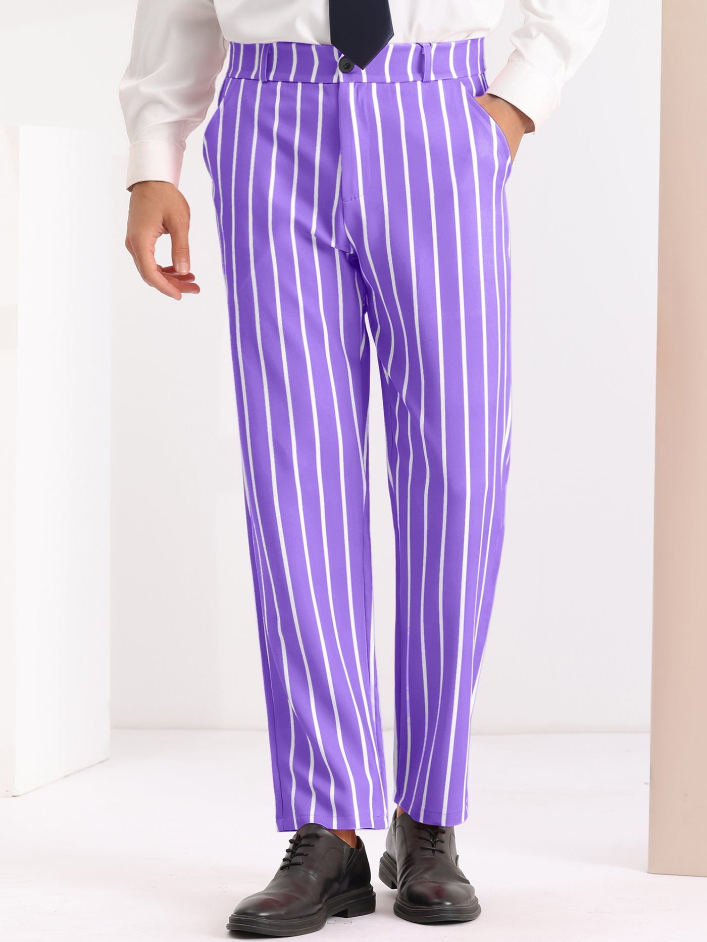 Bublédon Striped Slacks Flat Front Stripes Printed Business Formal Trouser Pants