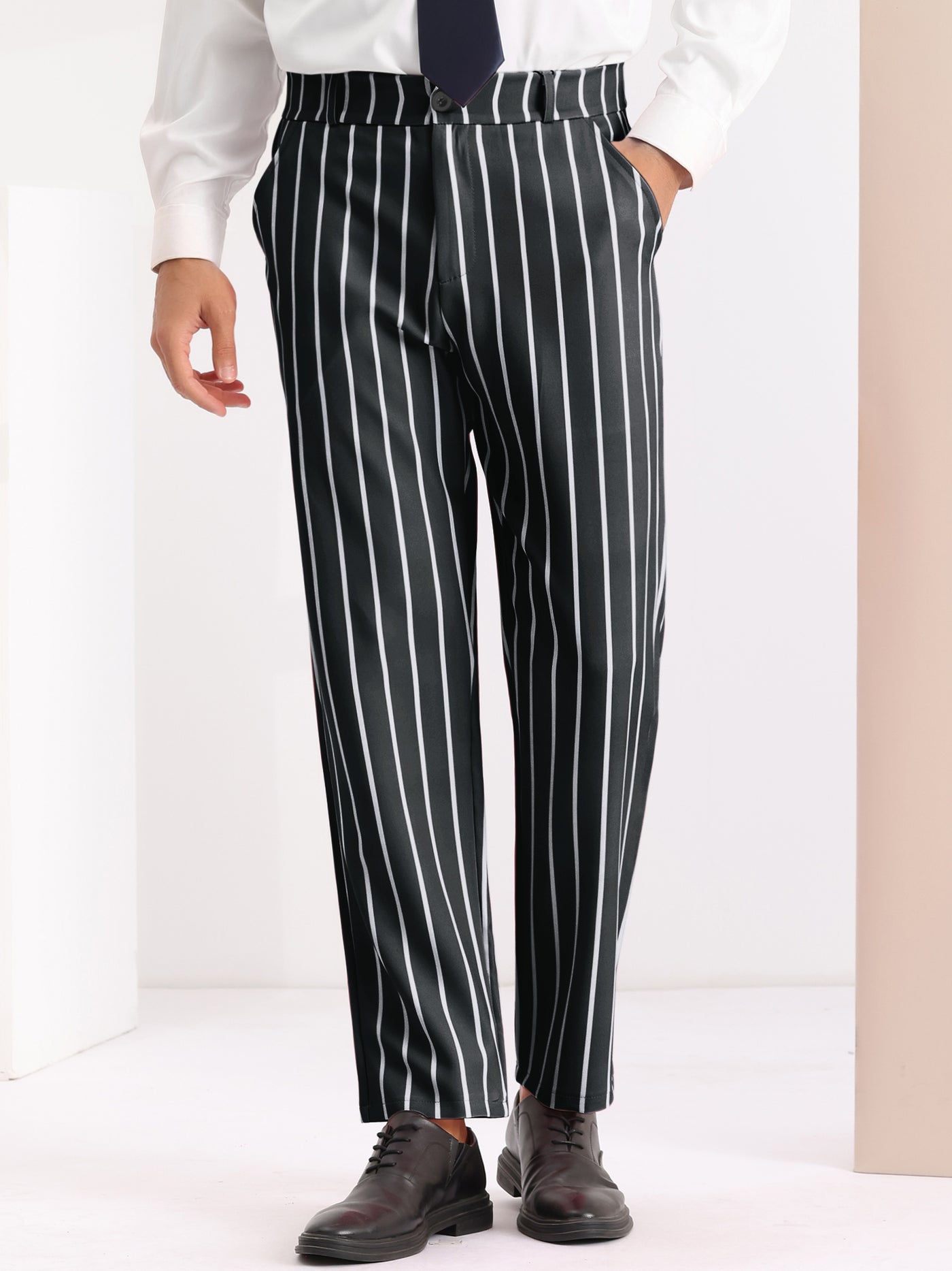 Bublédon Striped Slacks Flat Front Stripes Printed Business Formal Trouser Pants