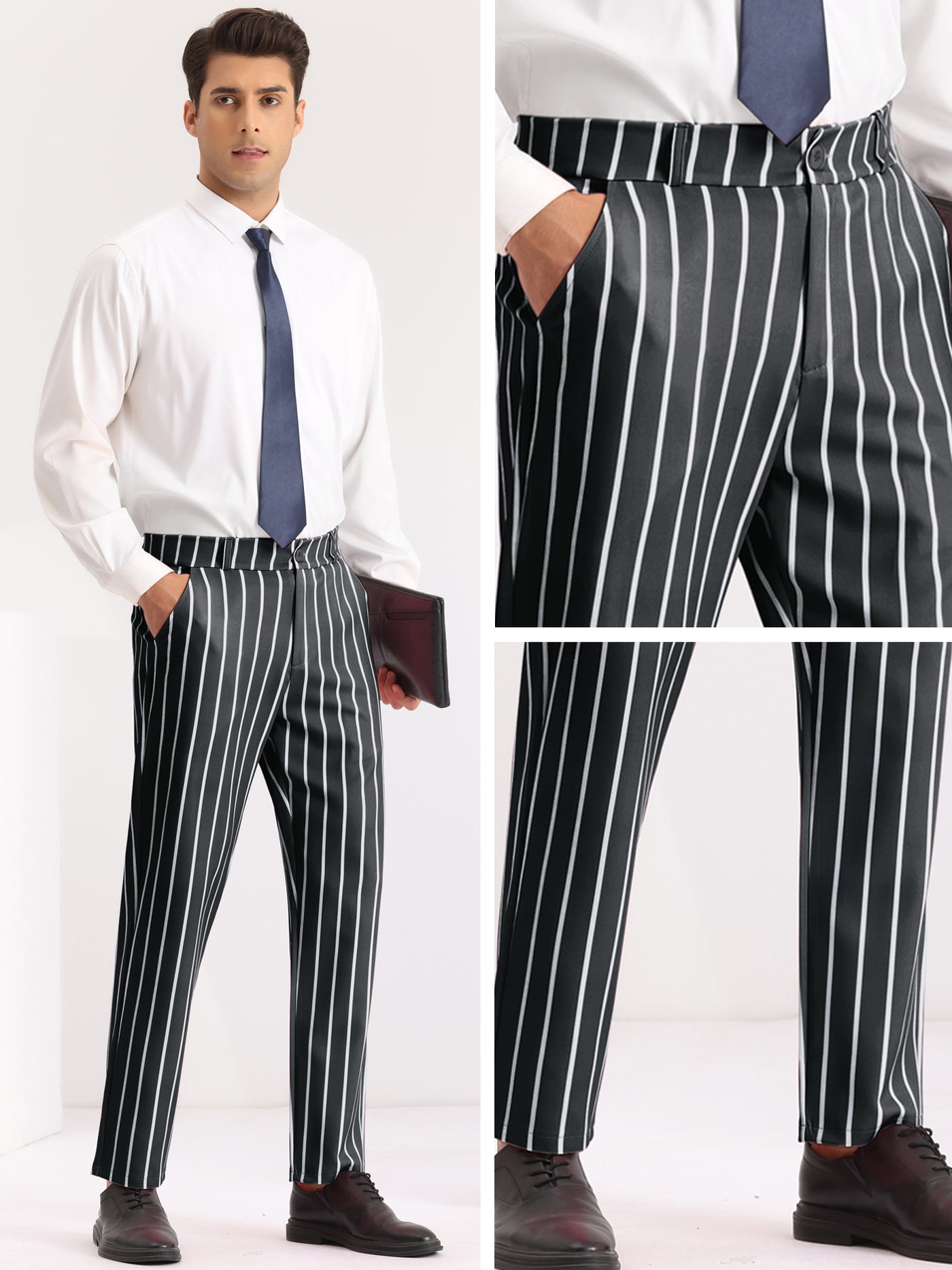 Bublédon Striped Slacks Flat Front Stripes Printed Business Formal Trouser Pants