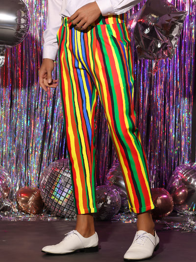 Rainbow Striped Dress Pants for Men's Regular Fit Flat Front Cropped Trousers