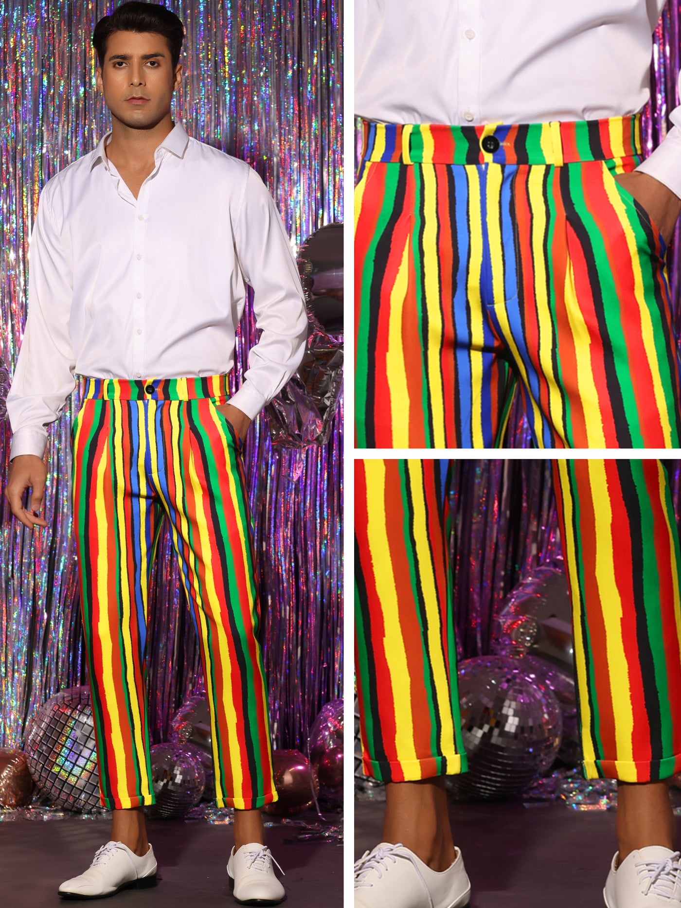 Bublédon Rainbow Striped Dress Pants for Men's Regular Fit Flat Front Cropped Trousers