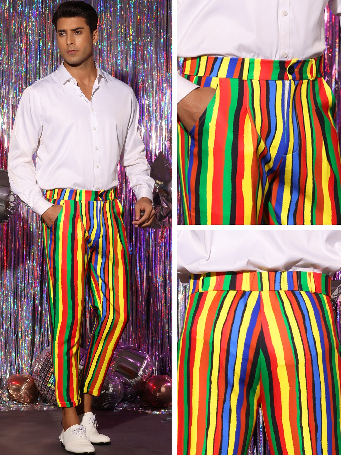 Bublédon Rainbow Striped Dress Pants for Men's Regular Fit Flat Front Cropped Trousers