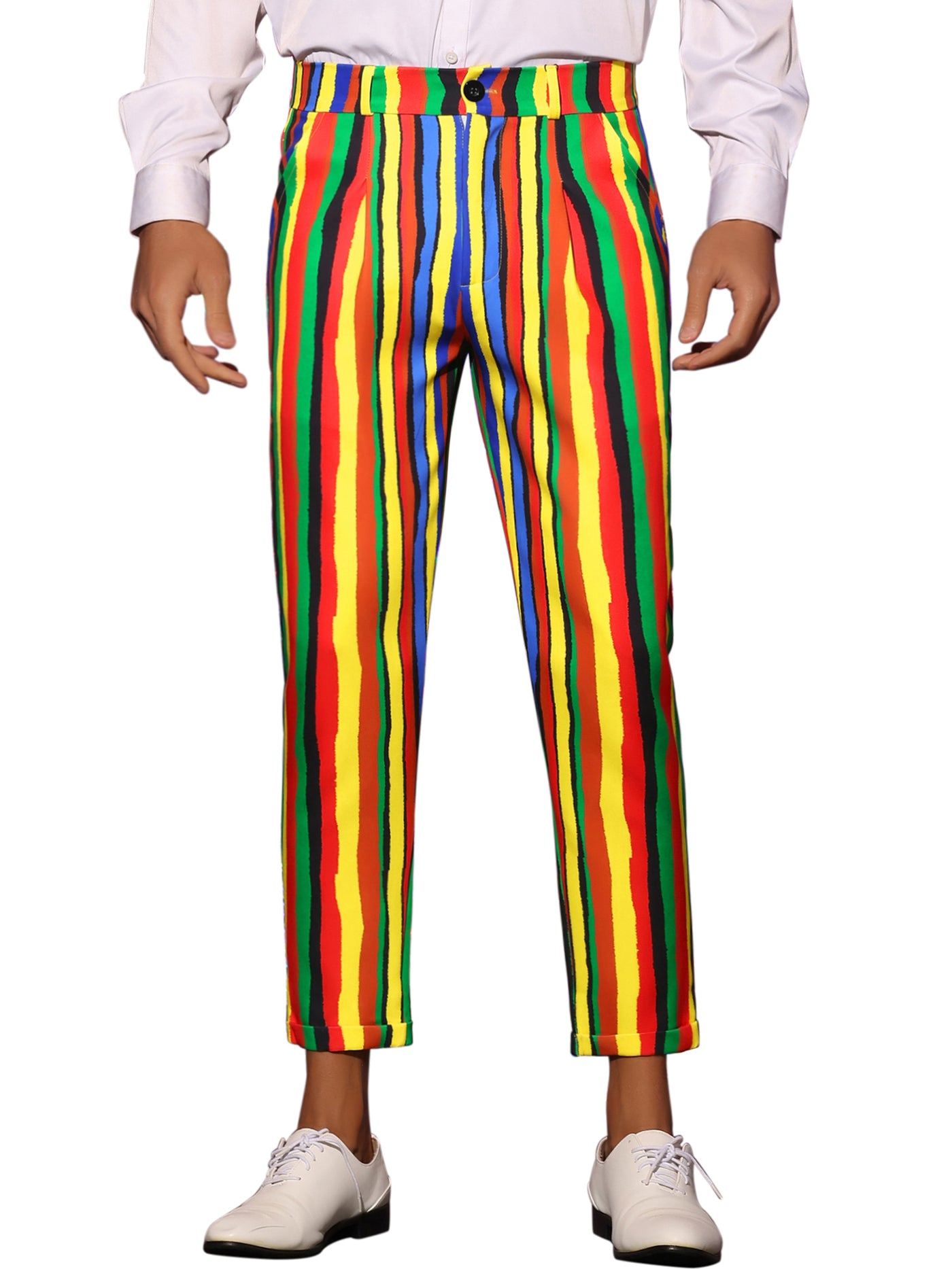 Bublédon Rainbow Striped Dress Pants for Men's Regular Fit Flat Front Cropped Trousers