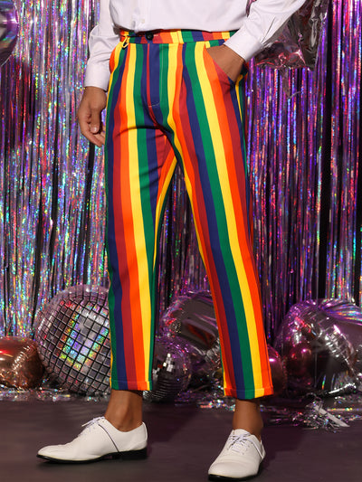 Rainbow Striped Dress Pants for Men's Regular Fit Flat Front Cropped Trousers