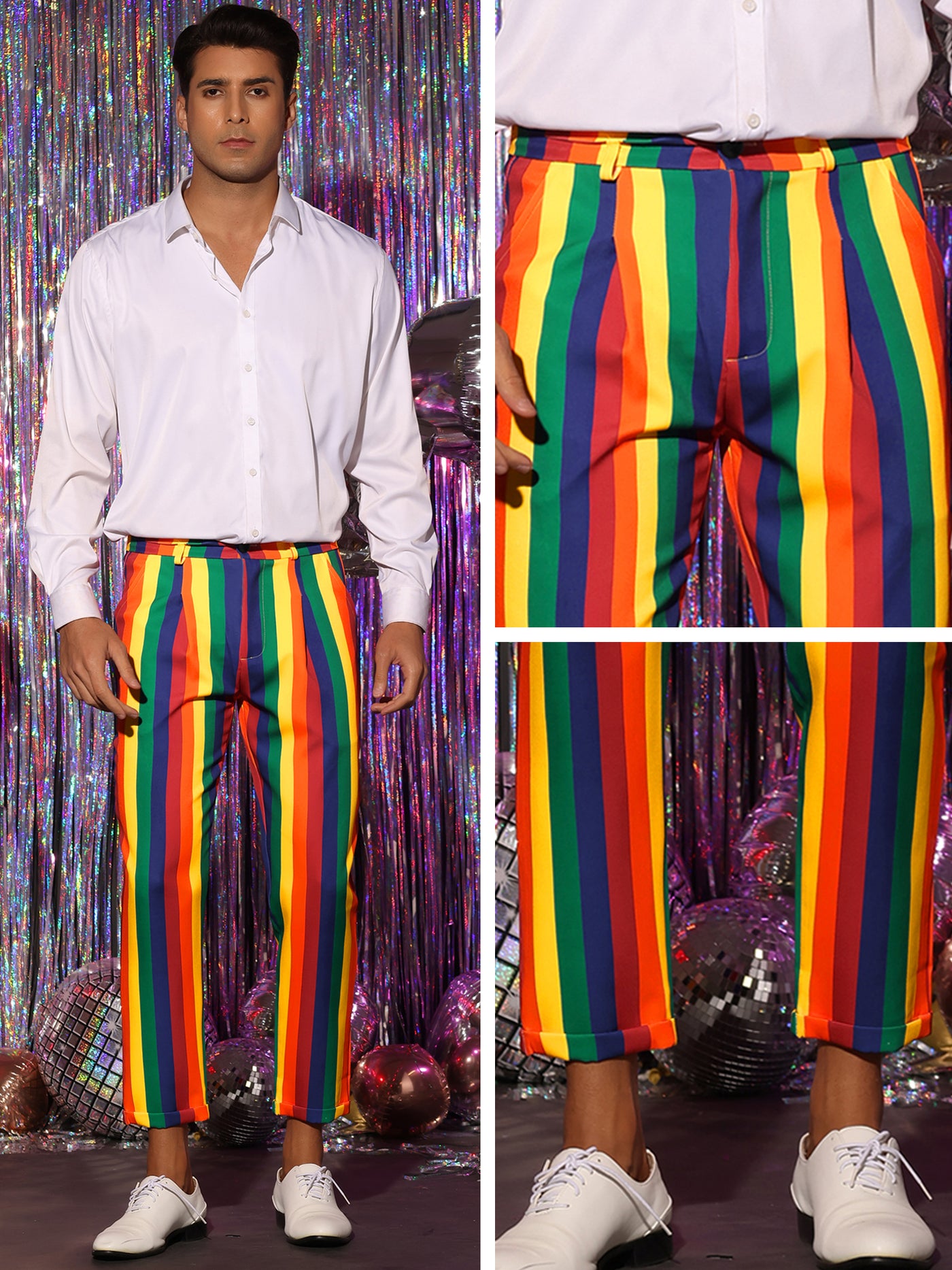 Bublédon Rainbow Striped Dress Pants for Men's Regular Fit Flat Front Cropped Trousers