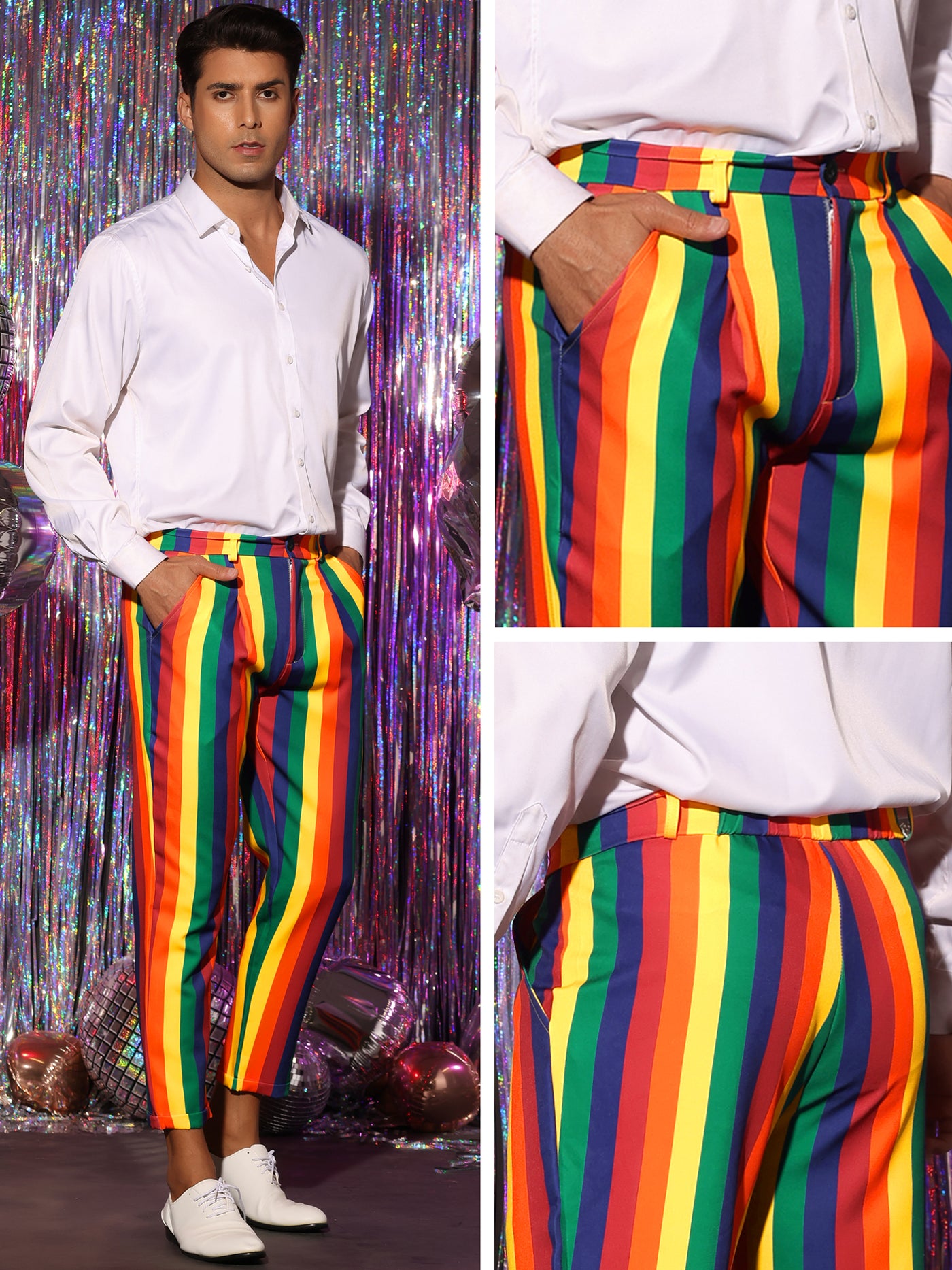 Bublédon Rainbow Striped Dress Pants for Men's Regular Fit Flat Front Cropped Trousers