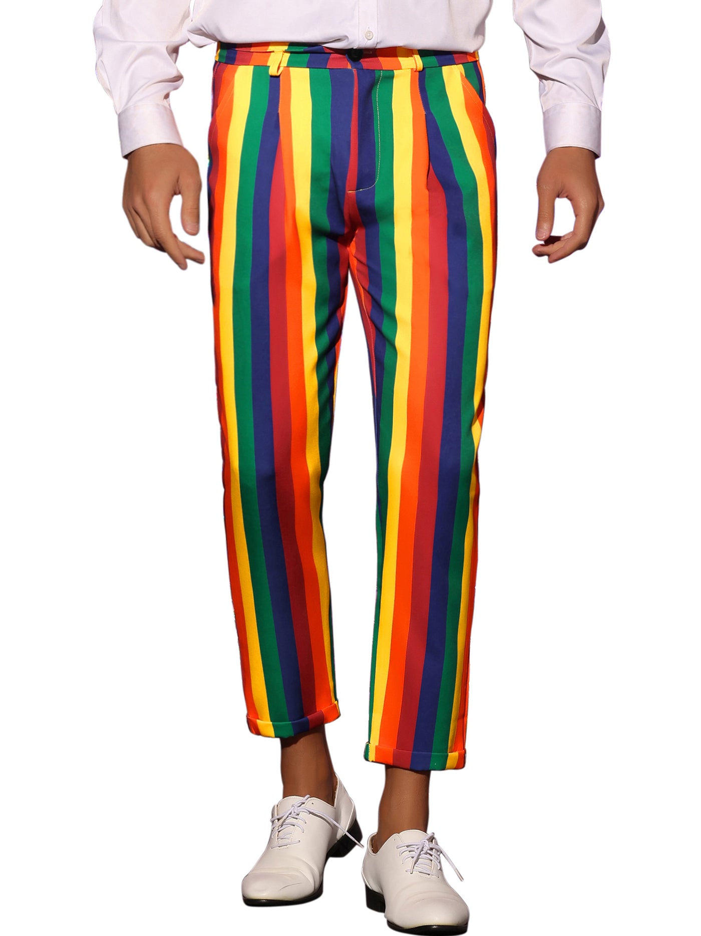 Bublédon Rainbow Striped Dress Pants for Men's Regular Fit Flat Front Cropped Trousers