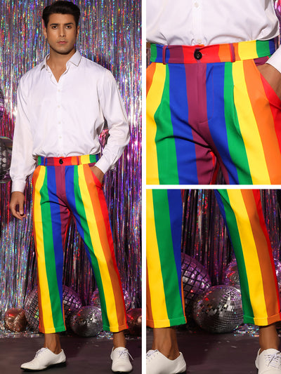 Rainbow Striped Dress Pants for Men's Regular Fit Flat Front Cropped Trousers